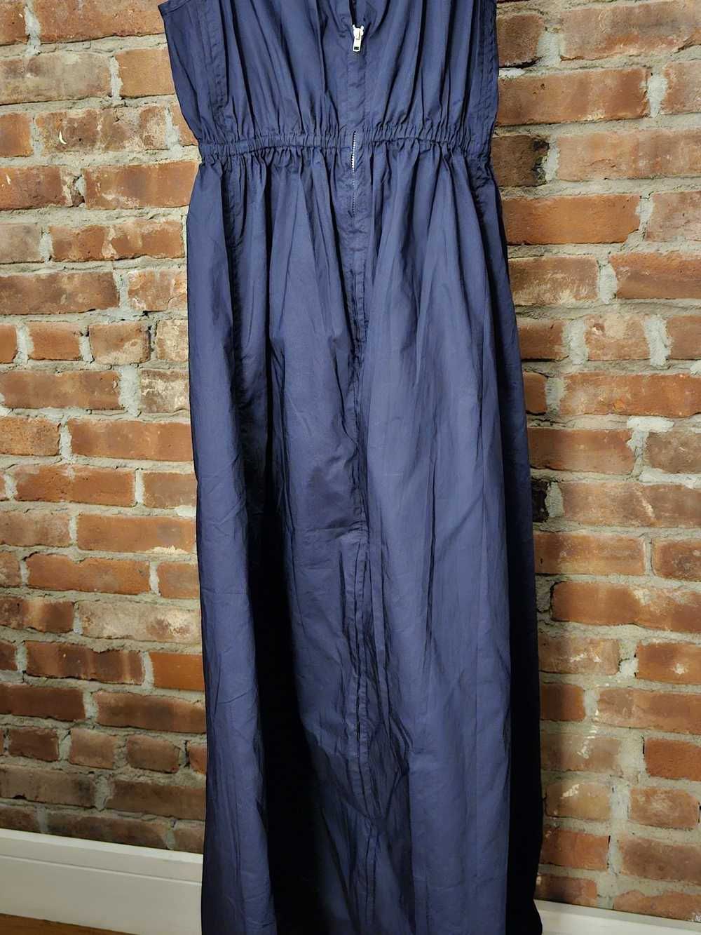 Deluc 100% Cotton Navy Maxi Sleeveless Dress with Waist Gather, Zipper & Pockets